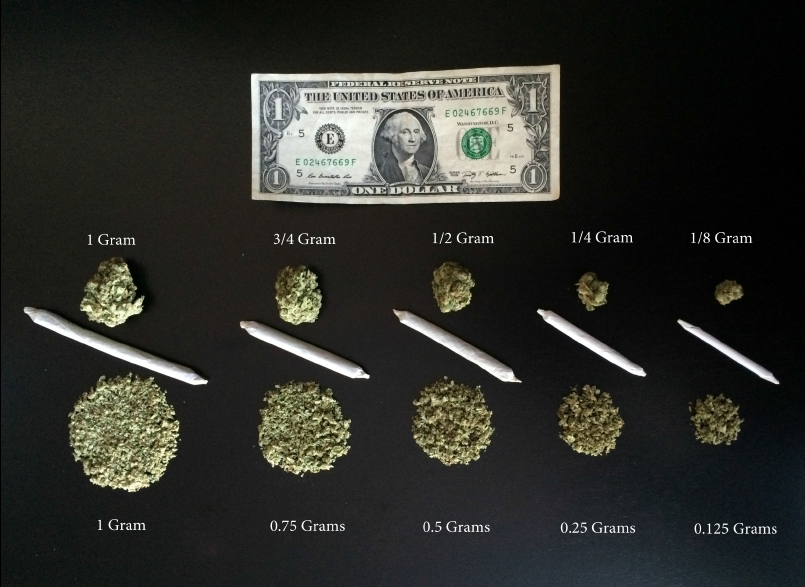 This is an image showing the scale of a weight in grams of a quantity of marijuana to a U.S. one dollar bill